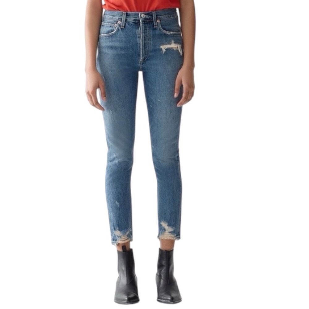 AGOLDE Jamie High Rise Classic Straight Leg Distressed Jeans Medium Wash 24